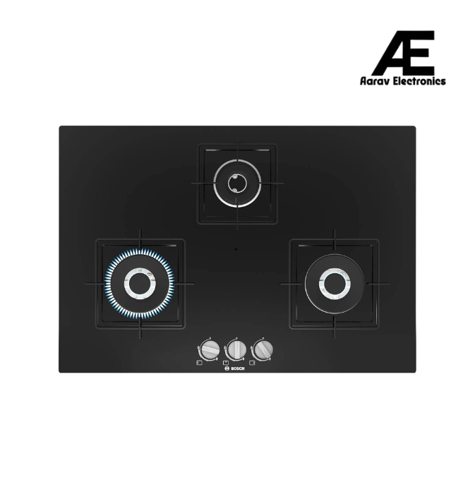 Bosch Built in Gas Hob Black Tempered glass Glass 3 Burner Auto Ignition 75 cm Italian Double Ring Burners (PND7B6B10I)