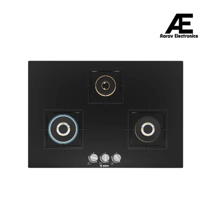 Bosch Built in Gas Hob Black Tempered glass Glass 3 Burner Auto Ignition 75 cm True Brass 2D Ring Burners with Glossy Black Heat Shields & Enameld pan supports (PND7B6F10I)