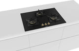 Bosch Built in Gas Hob Black Tempered glass Glass 3 Burner Auto Ignition 75 cm True Brass 2D Ring Burners with Matt Black Heat Shields & Cast Iron pan supports (PND7B6F20I)