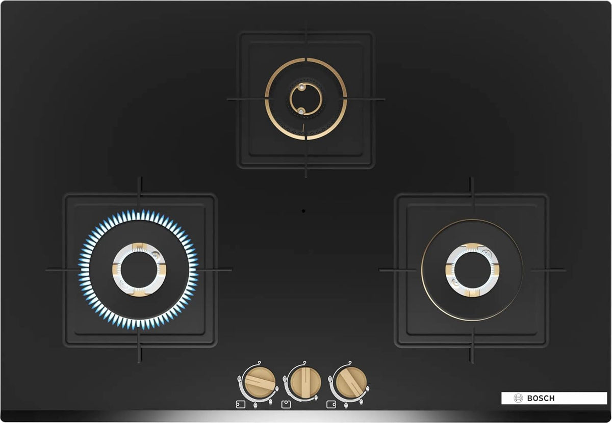 Bosch Built in Gas Hob Black Tempered glass Glass 3 Burner Auto Ignition 75 cm Full Brass 3D Ring Burners with Matt Black Heat Shields & Cast Iron pan supports (PND7B6G20I)