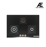 Bosch Built in Gas Hob Black Tempered glass Glass 3 Burner Auto Ignition 75 cm Full Brass 3D Ring Burners with Matt Black Heat Shields & Cast Iron pan supports (PND7B6G20I)