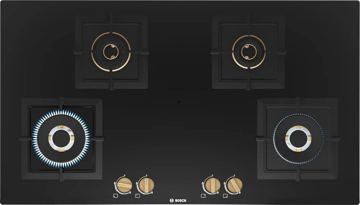 Bosch Built in Gas Hob Black Tempered glass Glass 4 Burner Auto Ignition 90 cm Full Brass 3D Ring Burners with Matt Black Heat Shields & Cast Iron pan supports (PNF9B6G20I)
