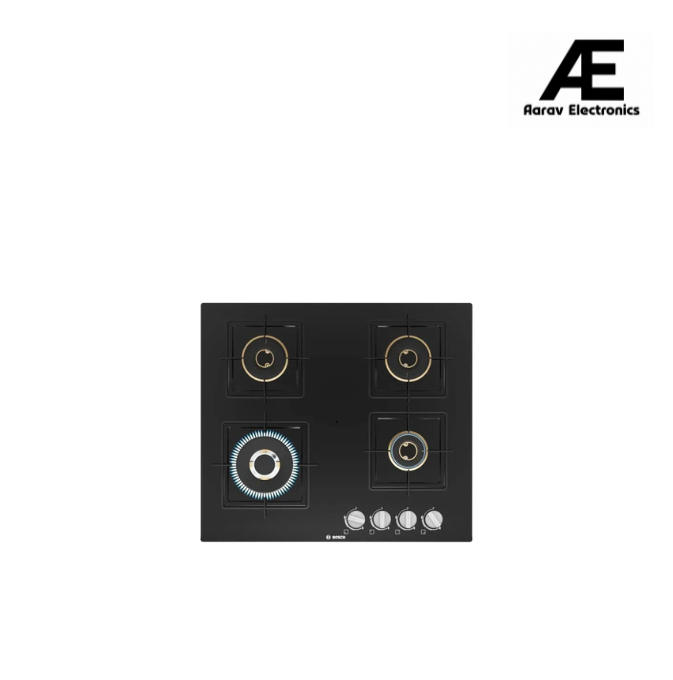 Bosch Built in Gas Hob Black Tempered glass Glass 4 Burner Auto Ignition 60 cm True Brass 2D Ring Burners with Glossy Black Heat Shields & Enameld pan supports (PNH6B6F10I)