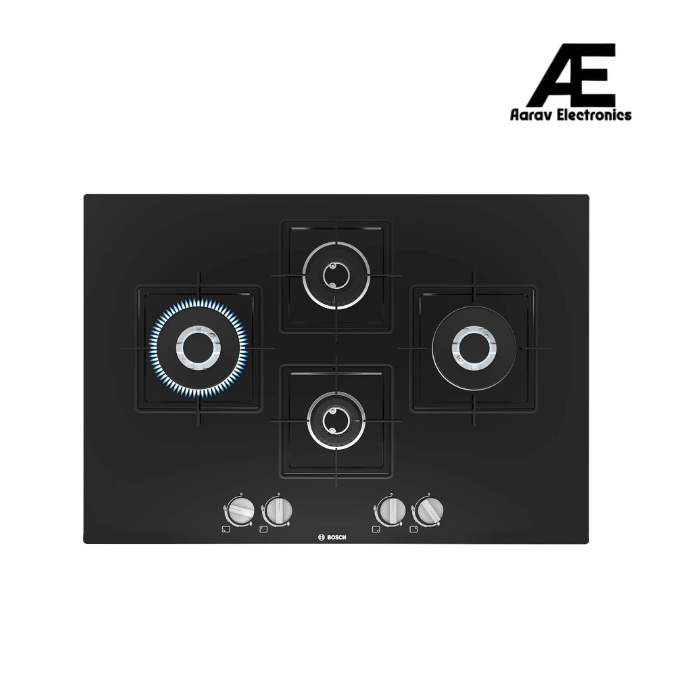 Bosch Built in Gas Hob Black Tempered glass Glass 4 Burner Auto Ignition 75 cm Italian Double Ring Burners (PNI7B6B10I)