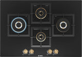 Bosch Built in Gas Hob Black Tempered glass Glass 4 Burner Auto Ignition 75 cm Full Brass 3D Ring Burners with Matt Black Heat Shields & Cast Iron pan supports (PNI7B6G20I)