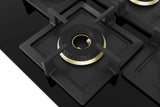 Bosch Built in Gas Hob Black Tempered glass Glass 4 Burner Auto Ignition 75 cm True Brass 2D Ring Burners with Matt Black Heat Shields & Cast Iron pan supports (PNI7B6F20I)