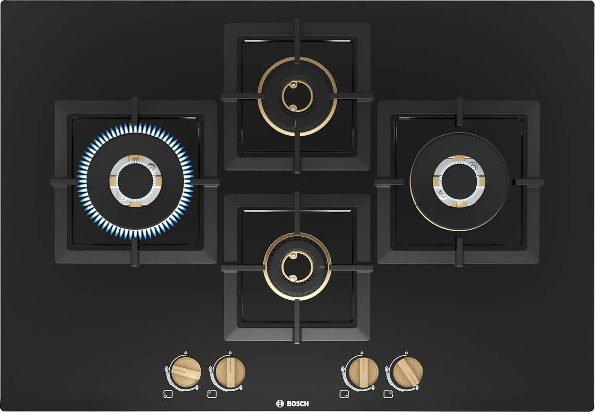 Bosch Built in Gas Hob Black Tempered glass Glass 4 Burner Auto Ignition 75 cm Full Brass 3D Ring Burners with Matt Black Heat Shields & Cast Iron pan supports (PNI7B6G20I)