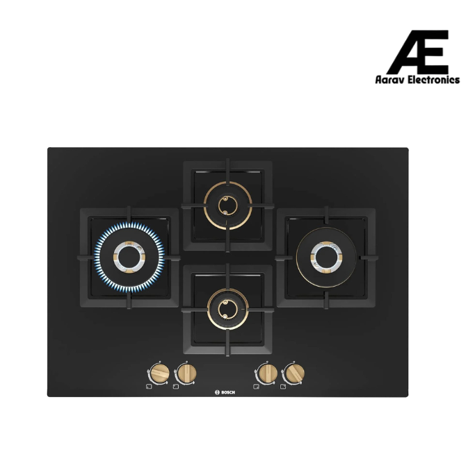 Bosch Built in Gas Hob Black Tempered glass Glass 4 Burner Auto Ignition 75 cm Full Brass 3D Ring Burners with Matt Black Heat Shields & Cast Iron pan supports (PNI7B6G20I)