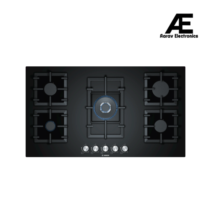 Bosch Series 6 90 cm 5 Burner Built-In Gas Hob | 8 mm Black Tempered Glass | Dual-Flame Power Burner | Cast Iron Pan Supports | Flame Failure Safety Device | Auto Ignition | Cylindrical Knobs - PPQ9B6O90I