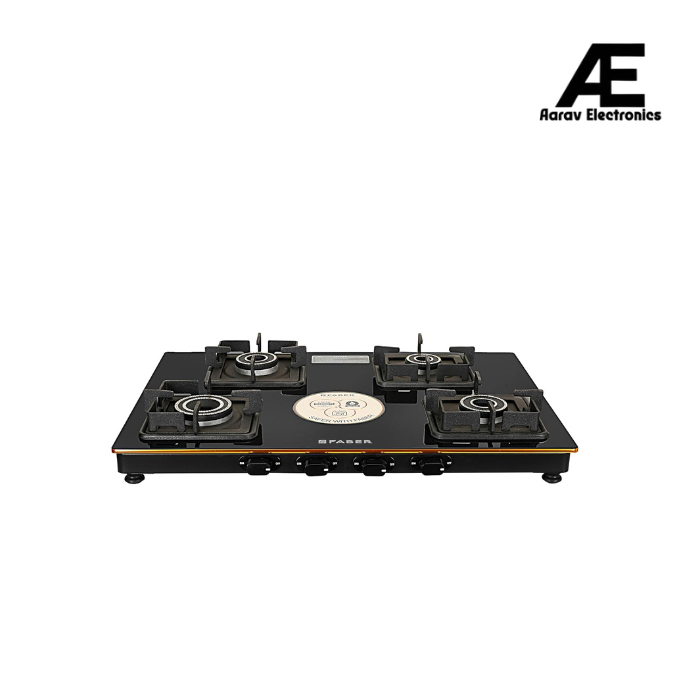 Faber Prince Plus 4BB BK 69cm 4 Burner Glass Cooktop with Brass Burners, Manual Ignition & Cast Iron Pan Support, Black