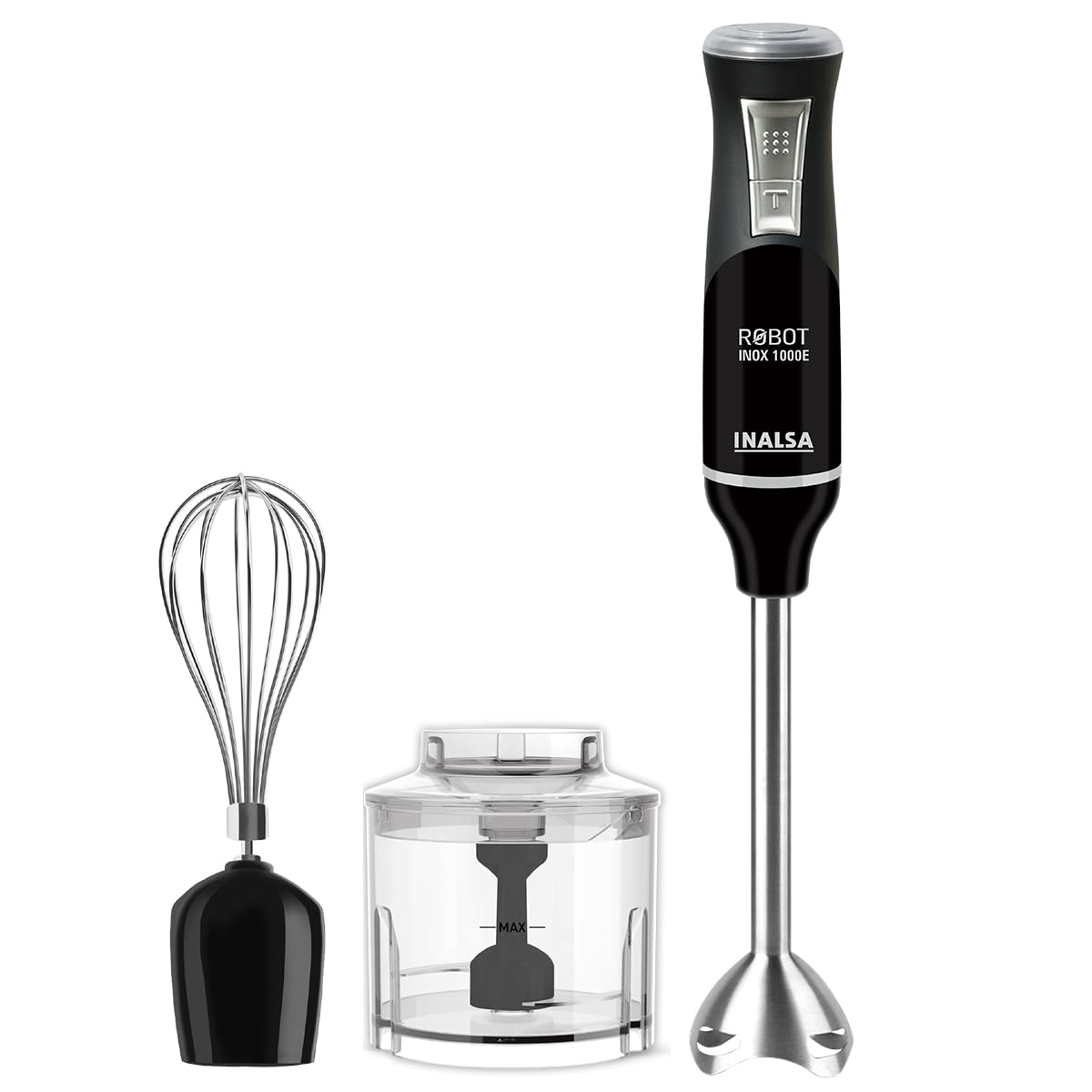 INALSA Hand Blender 1000 Watts with Chopper, Whisker| Variable Speed &amp; Turbo Speed Function|100% Copper Motor|1Liter|Low Noise |Anti-Splash Technology|Home&amp;kitchen|2 Year Warranty (Robot Inox 1000E)