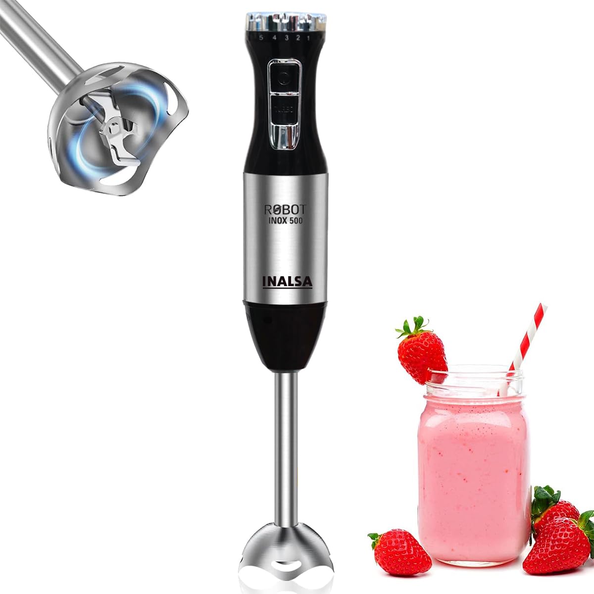 INALSA Stainless Steel Electric Hand Blender with 500W DC Motor|Variable &amp; Turbo Speed|Super Silent|Ultra Sharp SS Blade &amp; Detachable Stem|for Smoothie &amp; Juices,Whip,Chop-RobotInox500,Black/Silver