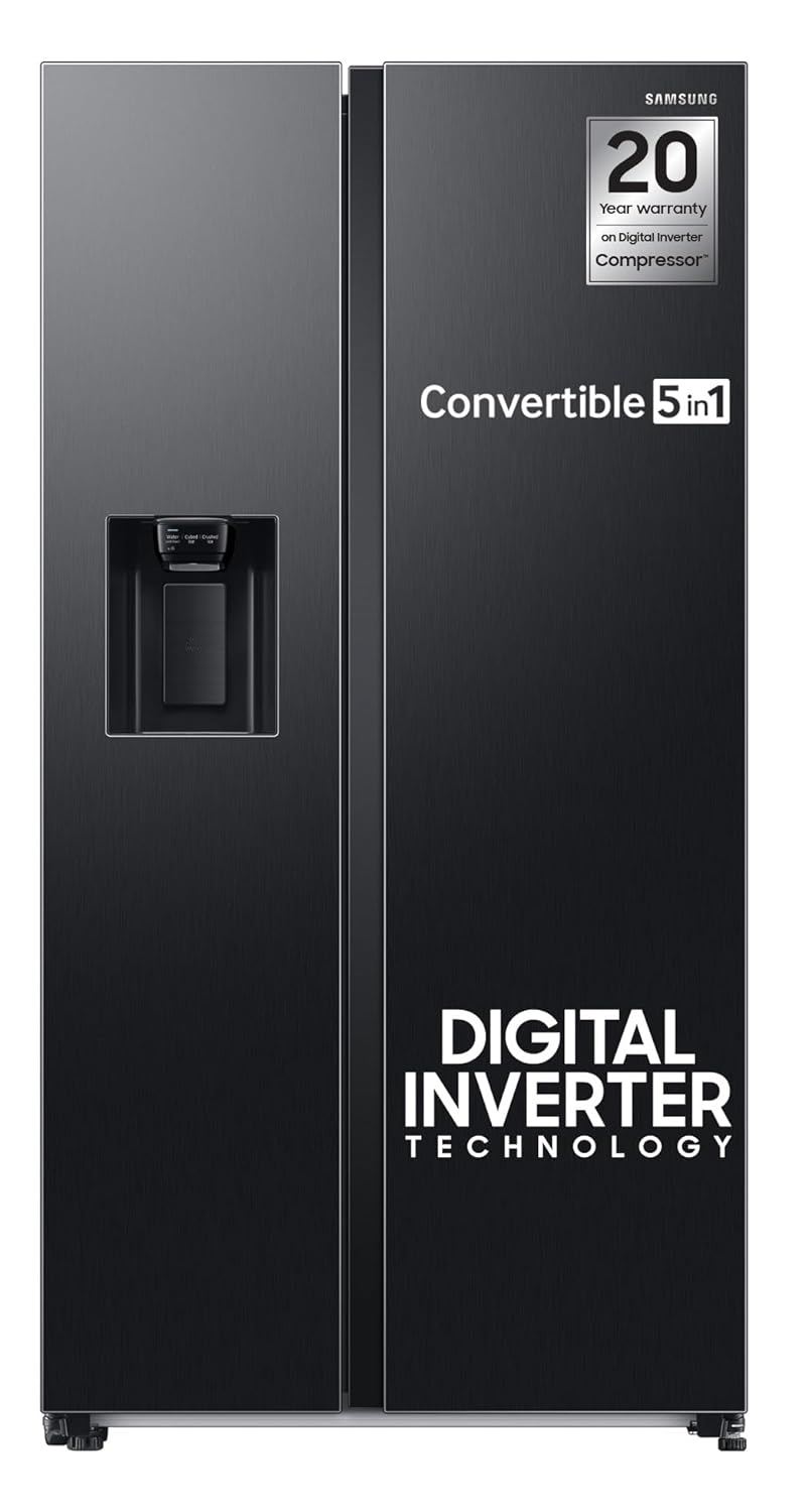 Samsung 633 L, 3 Star, Frost Free, Double Door, Convertible 5-in-1 Digital Inverter, Side By Side Refrigerator with AI, WiFi &amp; Water &amp; Ice Dispenser (RS78CG8543B1HL, Black Matte)