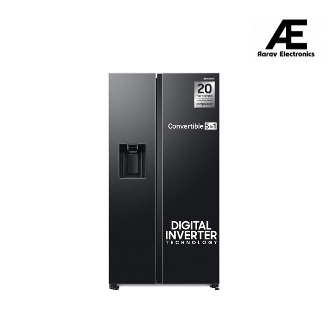 Samsung 633 L, 3 Star, Frost Free, Double Door, Convertible 5-in-1 Digital Inverter, Side By Side Refrigerator with AI, WiFi &amp; Water &amp; Ice Dispenser (RS78CG8543B1HL, Black Matte)