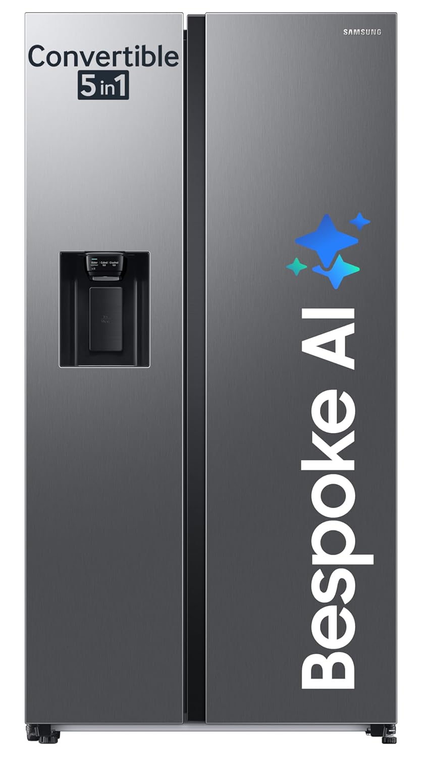 Samsung 633 L, 3 Star, Frost Free, Double Door, Convertible 5-in-1 Digital Inverter, Side By Side Refrigerator with AI, WiFi &amp; Water &amp; Ice Dispenser (RS78CG8543S9HL, Silver, Refined Inox)