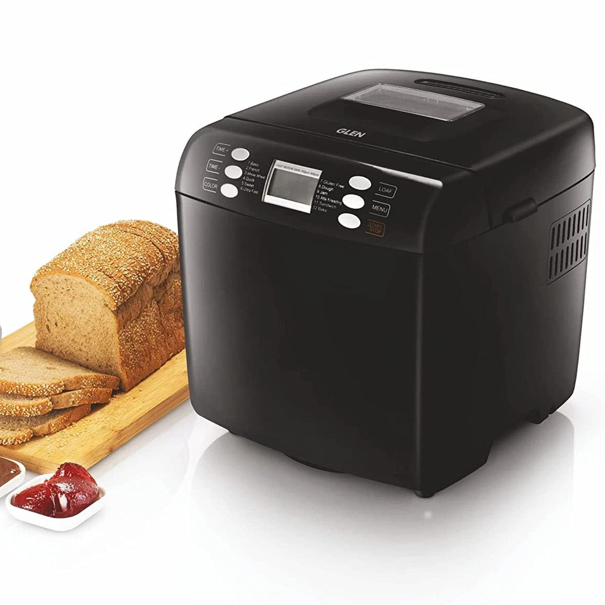 Glen Bread Maker &amp; Atta Kneader Machine, 700-900gm, Fully Automatic, With Time Delay Start &amp; 12 Pre-Set Functions, Non-Stick Baking Pan, 3 Crust Setting, Electronic Controls, 550W-Black(3039)