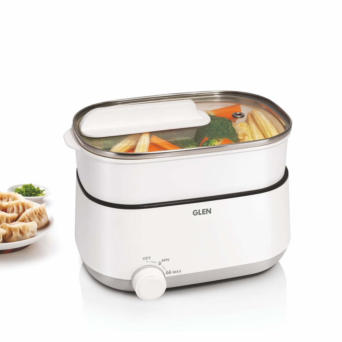 Glen 3 In 1 Multi Cooker &amp; Food Steamer, 600W, With Nonstick Pot, 2 Power Settings, Vegetable Steaming Tray, Cook Steam &amp; Boil, Multicooker Egg Boiler Machine (SA-3051MFS), 1.2 Liters