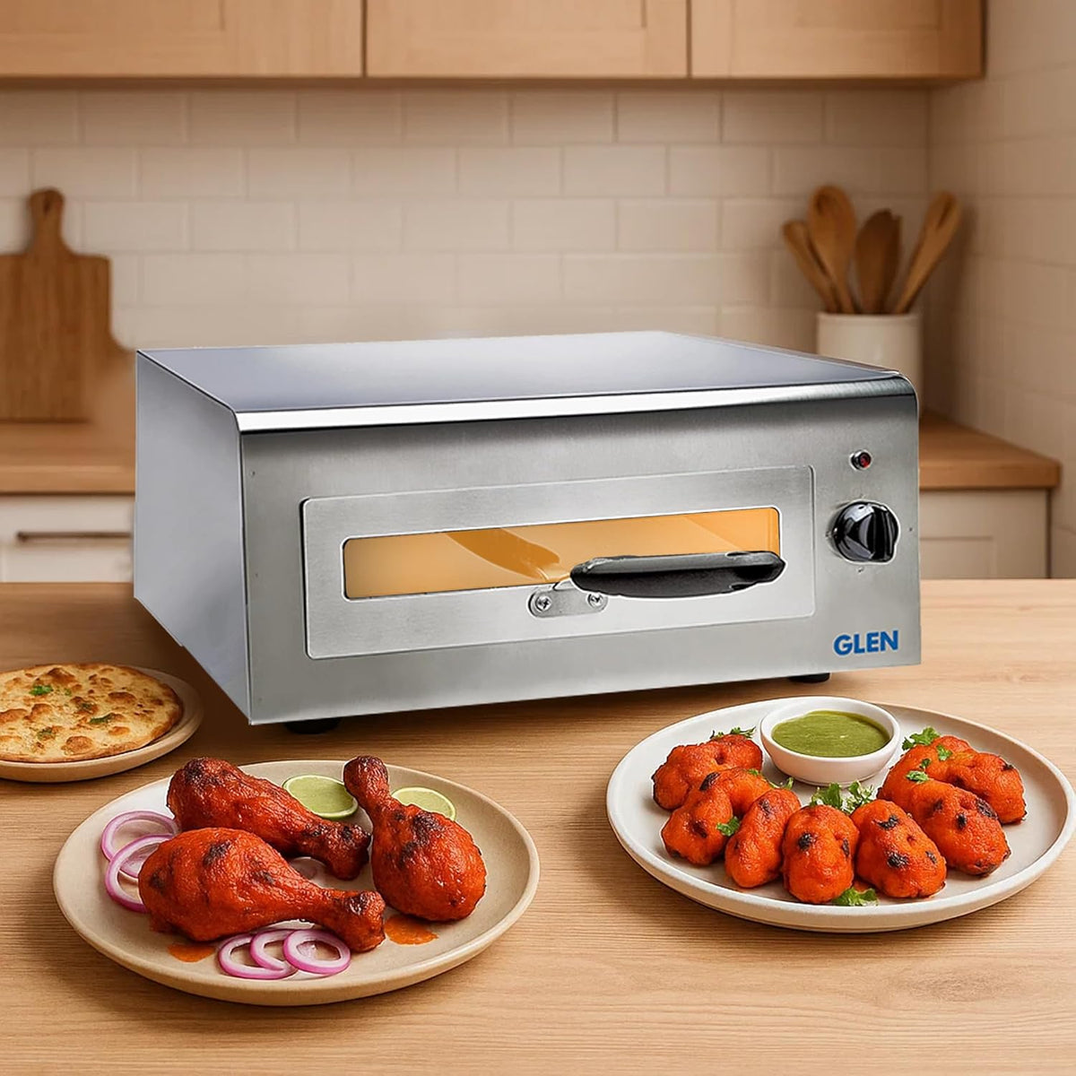Glen Electric Tandoor &amp; Grill for Home Kitchen, 1100 Watt, 3 Heat Setting, Stainless Steel Body with See Through Window, Ideal for Barbecue, Roti, Prantha, Tikka, Naan, Pizza - SA5014