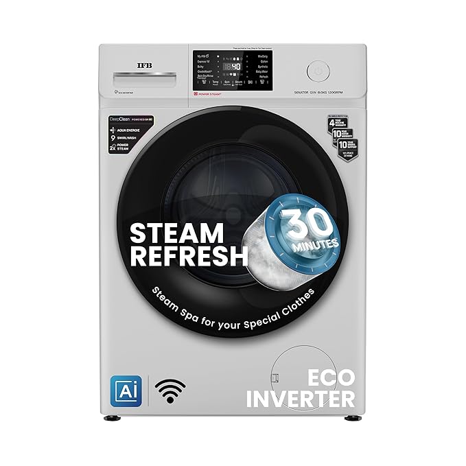 IFB 8 Kg 5 Star Powered by AI with 9 Swirl Wash, WiFi, Fully Automatic Front Load Washing Machine (SENATOR GXN 8012 CMS , Steam Refresh Program with Eco Inverter, Grey)