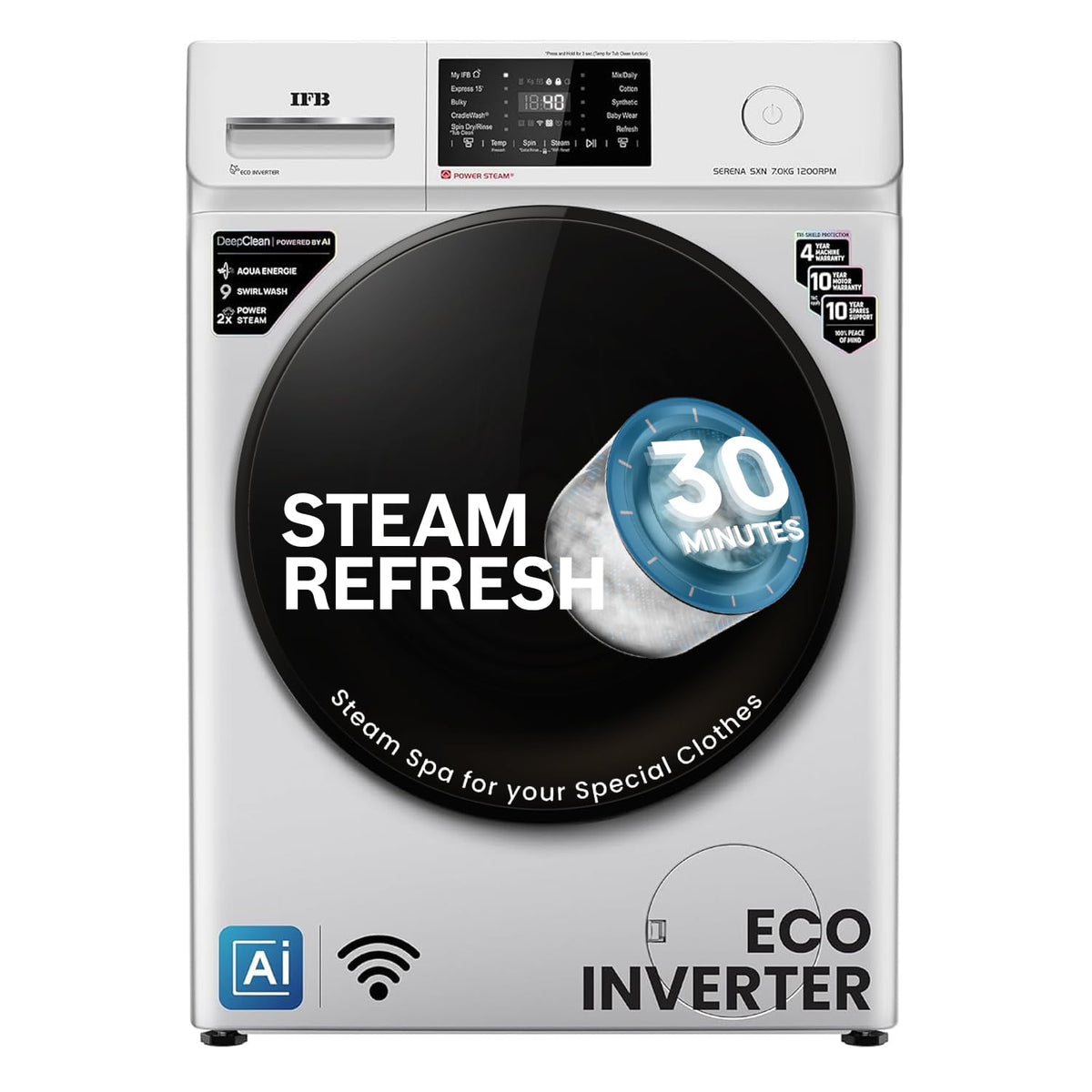 IFB 7 Kg 5 Star Powered by AI with 9 Swirl Wash, WiFi, Fully Automatic Front Load Washing Machine (SERENA SXN 7012 CMS, Steam Refresh Program with Eco Inverter, Rich Silver)