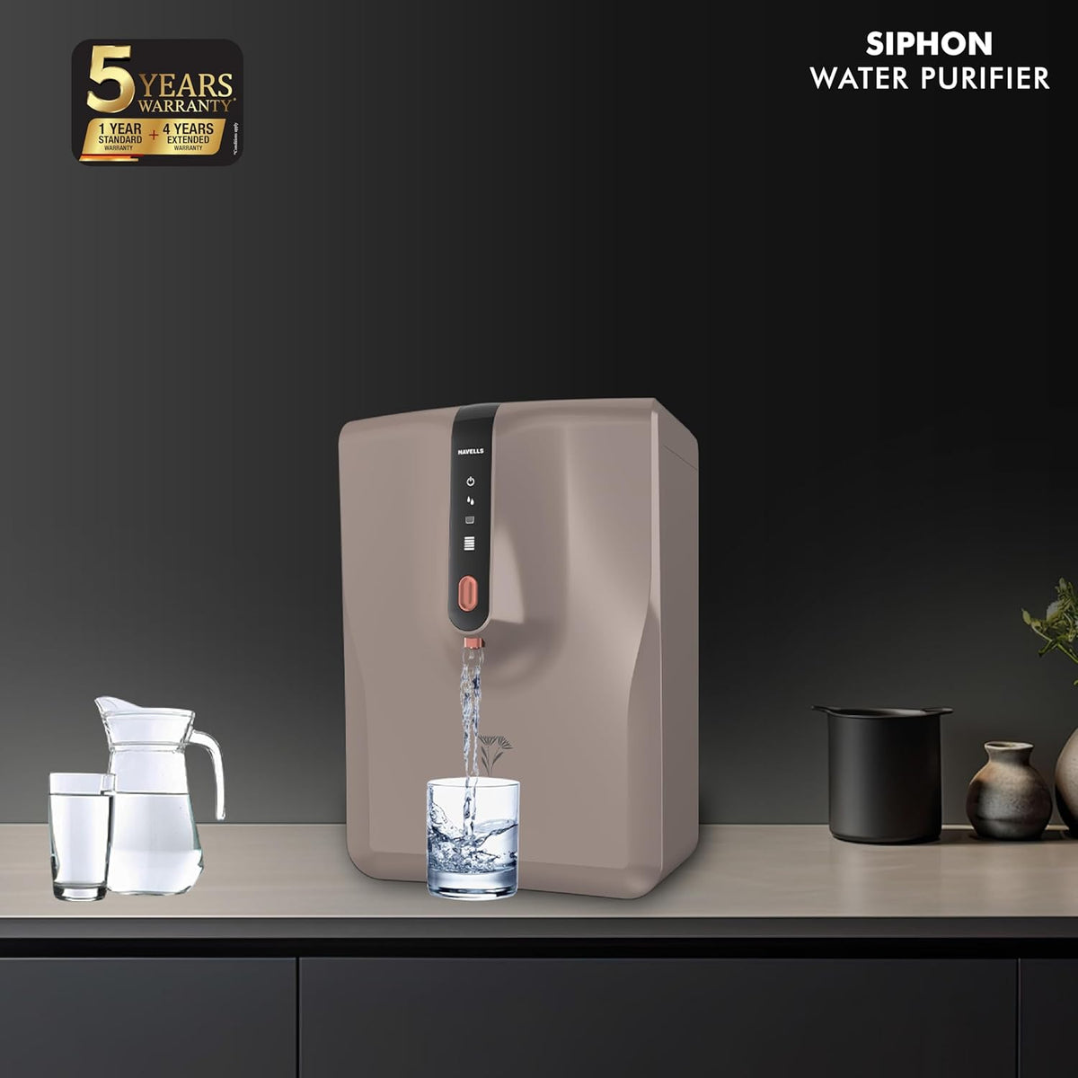 Havells Siphon Water Purifier | RO+UF | Copper+Zinc+Minerals |6.5L | Upto 2000 TDS | For Borewell, Tanker,Municipal Water Upto 2000 TDS
