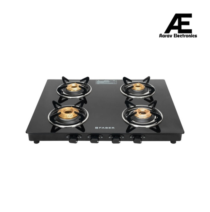 Faber Spark 4 Burner Gas Cooktop with Brass Burners, 6mm Toughened Black Glass Top, Jumbo Burner, Manual Ignition & Powder-Coated Pan Supports – SPARK 4BB BK
