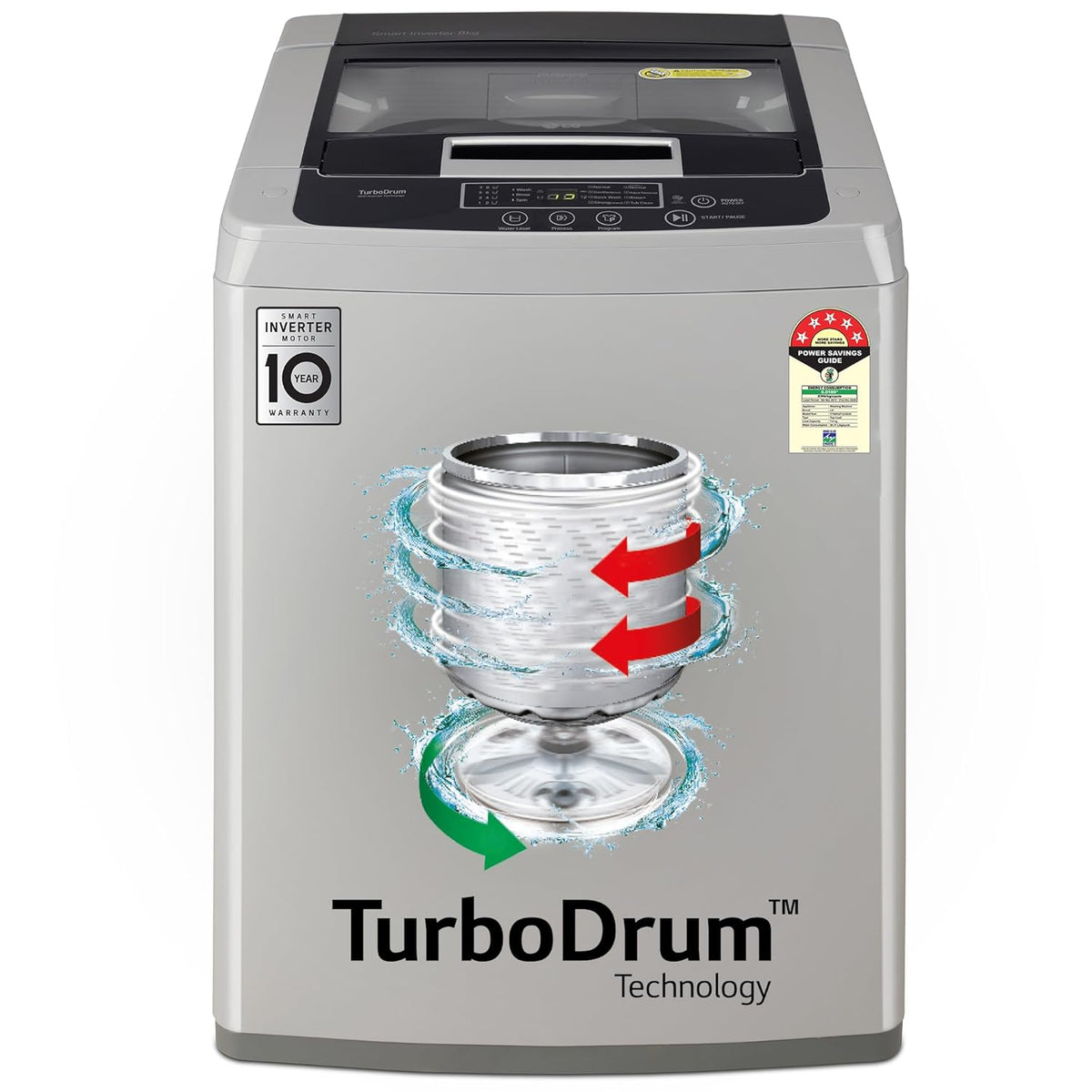 LG 8 Kg 5 Star Smart Inverter Technology TurboDrum Fully Automatic Top Loading Washing Machine (T80SKSF1Z, Smart Diagnosis, Digital Display, Middle Free Silver)