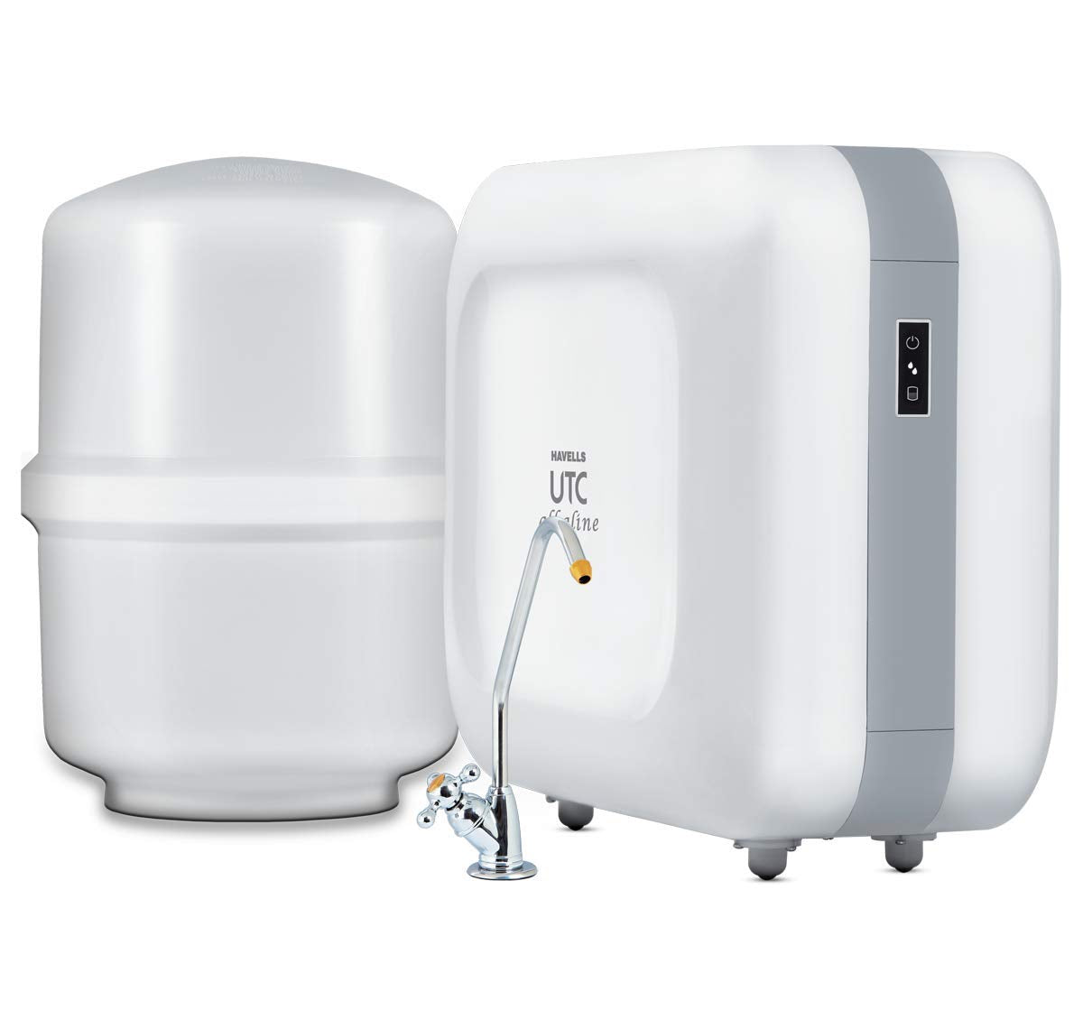 Havells UTC Alkaline Water Purifier with 360-degree rotation Faucet, Cu+Zn+Alkaline+natural minerals, 8 stage Purification, 8L Plasto-Steel tank, Double UV Purification tech.(RO+UV), (Grey and White) (Open box / Without box)