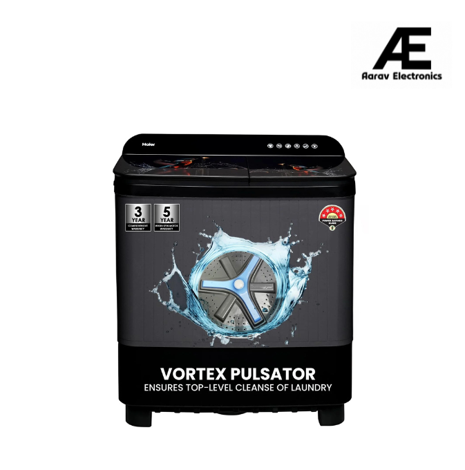 Haier 11 Kg 5 Star Toughened Gas Softfall Technology Semi Automatic Top Loading Washing Machine (HTW110-178FL, Anti Bacterial Vortex Pulsator, Magic Filter, Rat Mesh, Digital Printing Lid, Black)