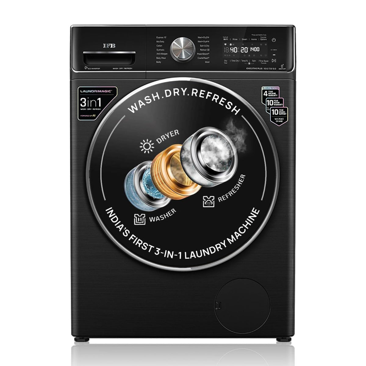 IFB 10 Kg/7 Kg/3 Kg 3-in-1, AI Powered, Fully Automatic Washer Dryer Refresher (IFB Laundrimagic®, WDR EXECUTIVE PLUS ZXB 10/7/3, 9 Swirl Wash, Eco Inverter Technology, Black VCM)