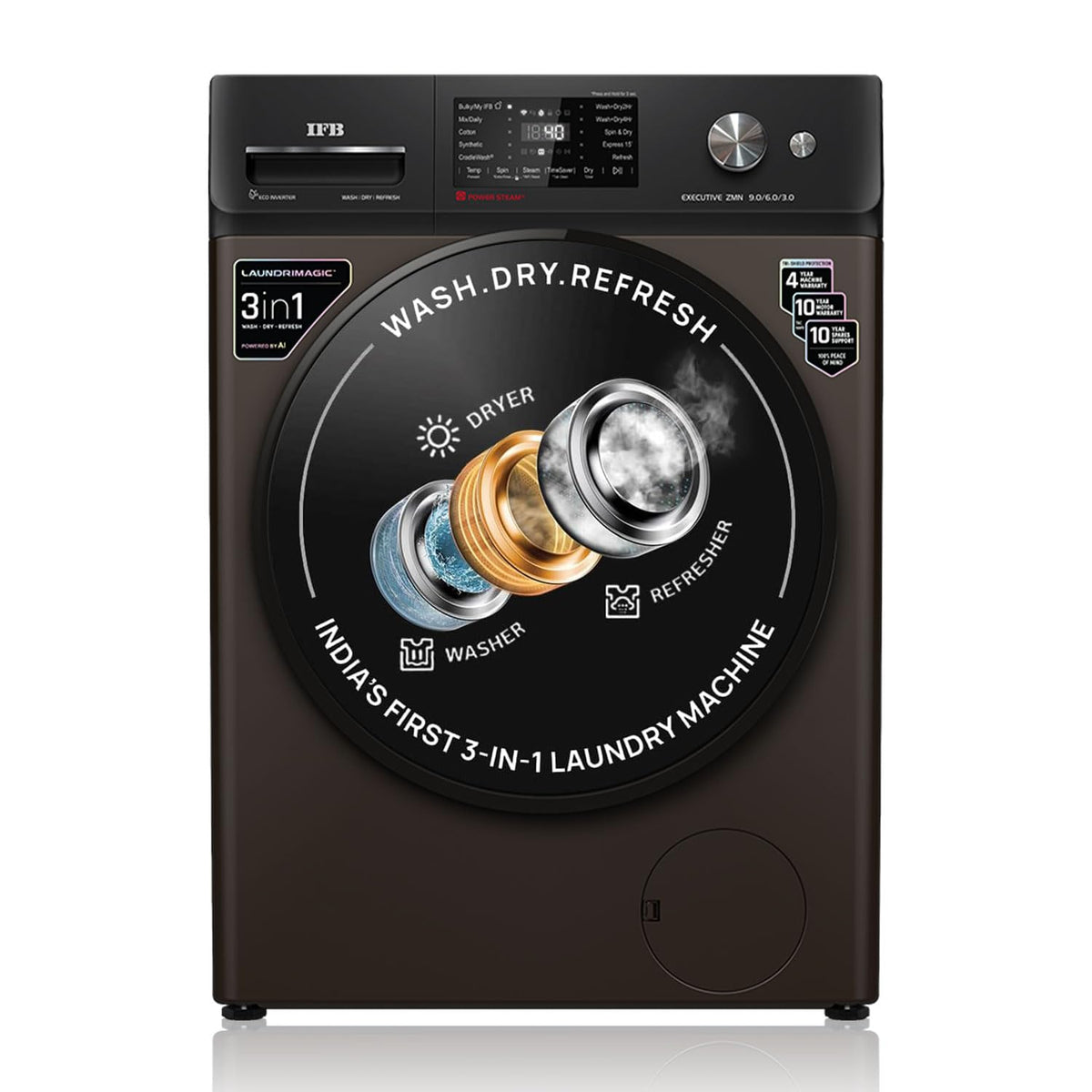 IFB 9/6/3 kg Fully Automatic Washer Dryer Refresher with Steam Refresh, AI Powered, 100% Dry Clothes, 9 Swirl Wash Mimic Handwashing, WiFi &amp; Eco Inverter Motor (WDR EXECUTIVE ZMN 9/6/3, Mocha)