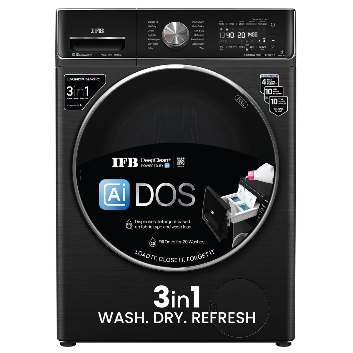 IFB 11/7/3 kg Fully Automatic Washer Dryer Refresher with Steam Refresh, AI DOS, 100% Dry Clothes, 9 Swirl Wash Mimic Handwashing, WiFi &amp; Eco Inverter Motor (WDR Executive Plus ZBG, Black)