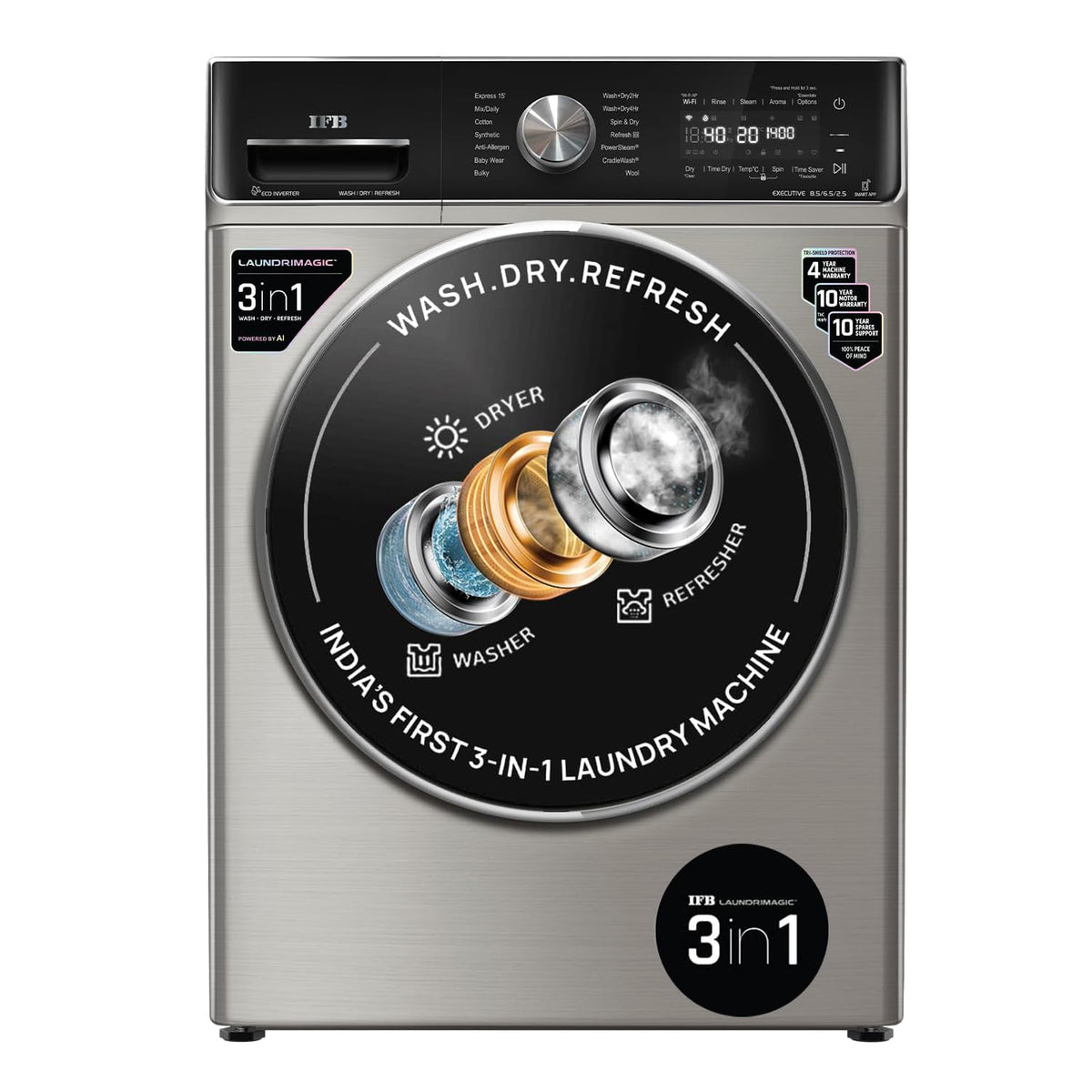 IFB 8.5 Kg / 6.5 Kg Front Load 5 Star 3-In-1, AI Powered, Fully Automatic Washer Dryer Refresh (2023 Model, Laundrimagic, 9 Swirl Wash, Eco Inverter Technology, Silver)