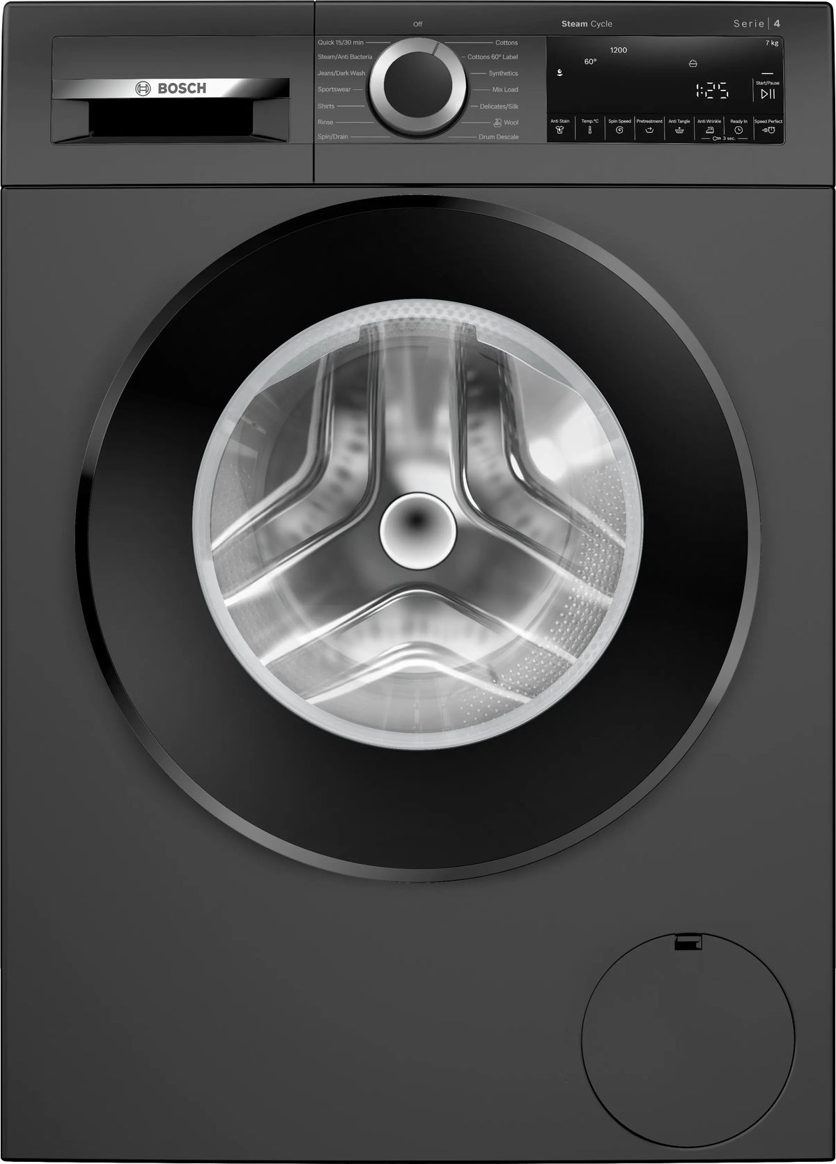 Bosch 7 kg 5 Star Series 4 Front Load Fully-Automatic Washing Machine, AI Active Water, 15 Wash Programs, Removes 99.9% Germs with Steam, No Tangle or Wrinkle, SoftCare Paddle, Black, WGA12208IN