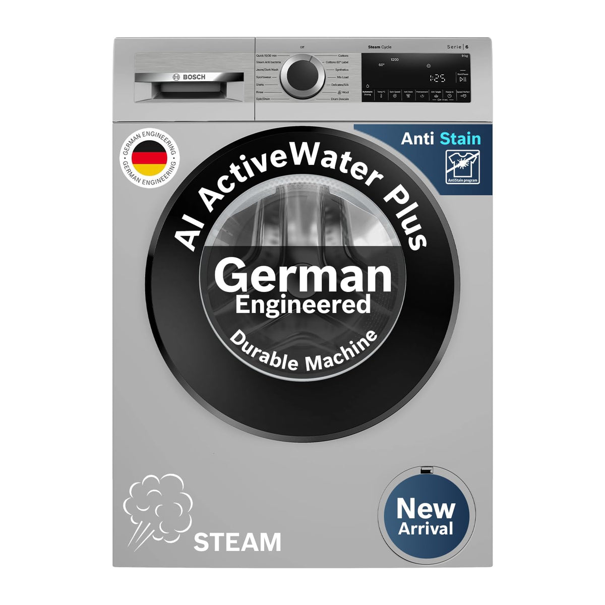 Bosch WGA242ISIN 9 Kg 5 Star Front Load Fully Automatic Washing Machine, AI ActiveWater Plus, Auto Dosing, 1200 RPM