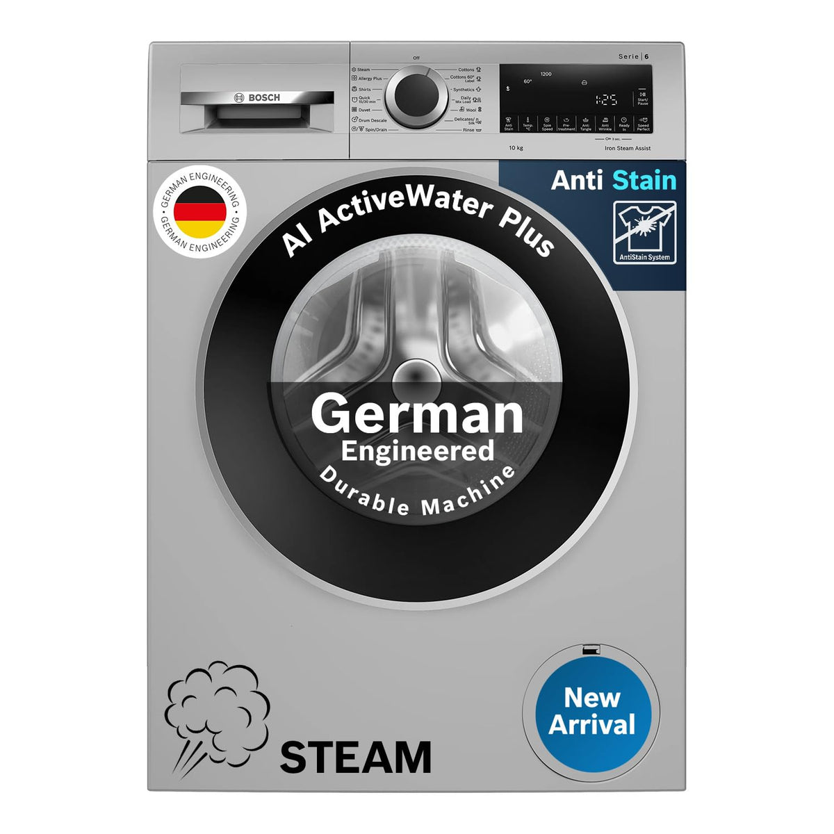 Bosch 10kg 5 Star Anti Stain &amp; AI Active Water Plus Fully Automatic Front Load Washing Machine with Built in Heater (WGA252ZSIN, Pretreatment &amp; Allergy Plus, Silver)