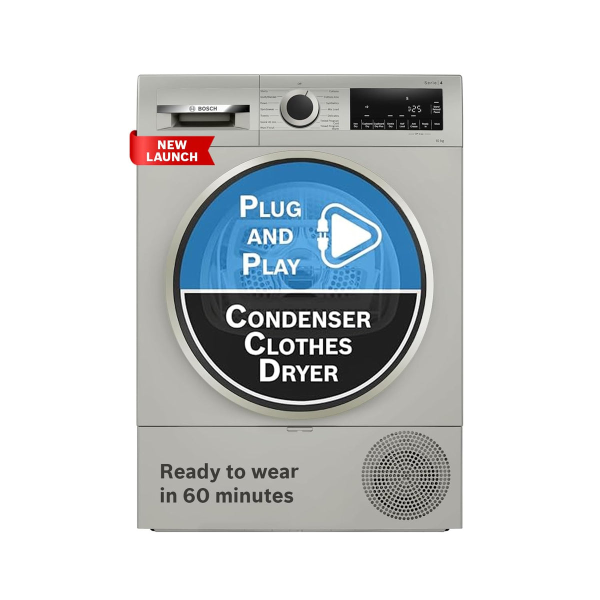 Bosch 10 kg Front Load Fully-Automatic Condenser Tumble Dryer, 100% Drying, 5 Drying Options, Reduces 99.9% Allergens, Ready-to-Wear No Crease, Silver Inox, WQG2520XIN