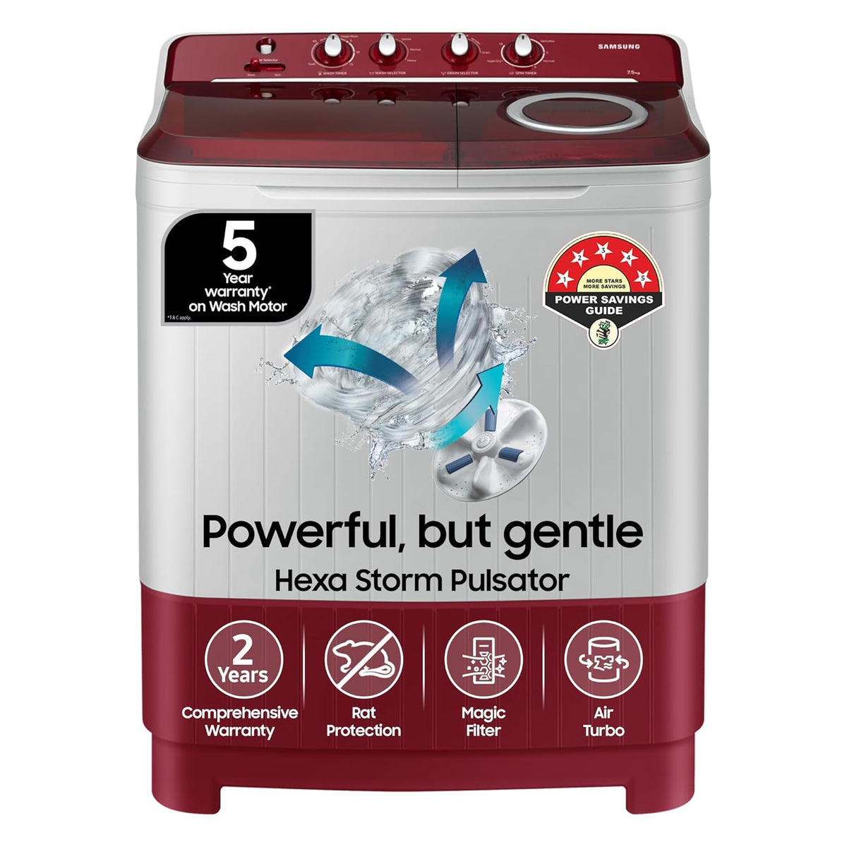 Samsung 7.5 Kg Inverter 5 Star Semi Automatic Top Load Washing Machine (WT75B3200RR/TL, Light Grey &amp; Red Base, Air turbo drying, 5 Year Warranty on Wash Motor)