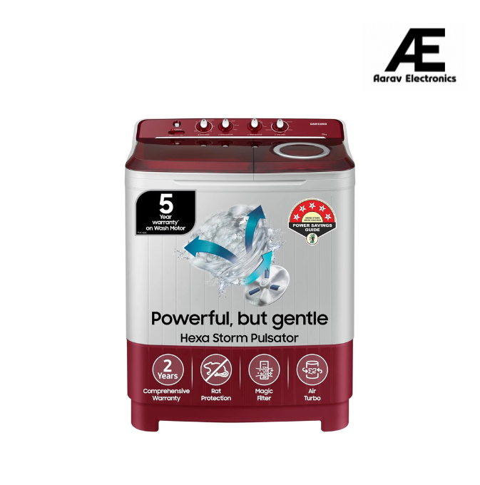 Samsung 7.5 Kg Inverter 5 Star Semi Automatic Top Load Washing Machine (WT75B3200RR/TL, Light Grey &amp; Red Base, Air turbo drying, 5 Year Warranty on Wash Motor)