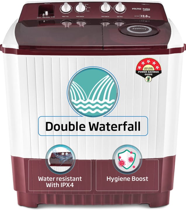 Voltas Beko by A Tata Product 12 kg A Tata Product Anti-allergen Hygiene Boost Washing Machine with Fast Dry and Water Proof IPX4 Panel Semi Automatic Top Load Maroon, White  (WTT120ABRT/HB)