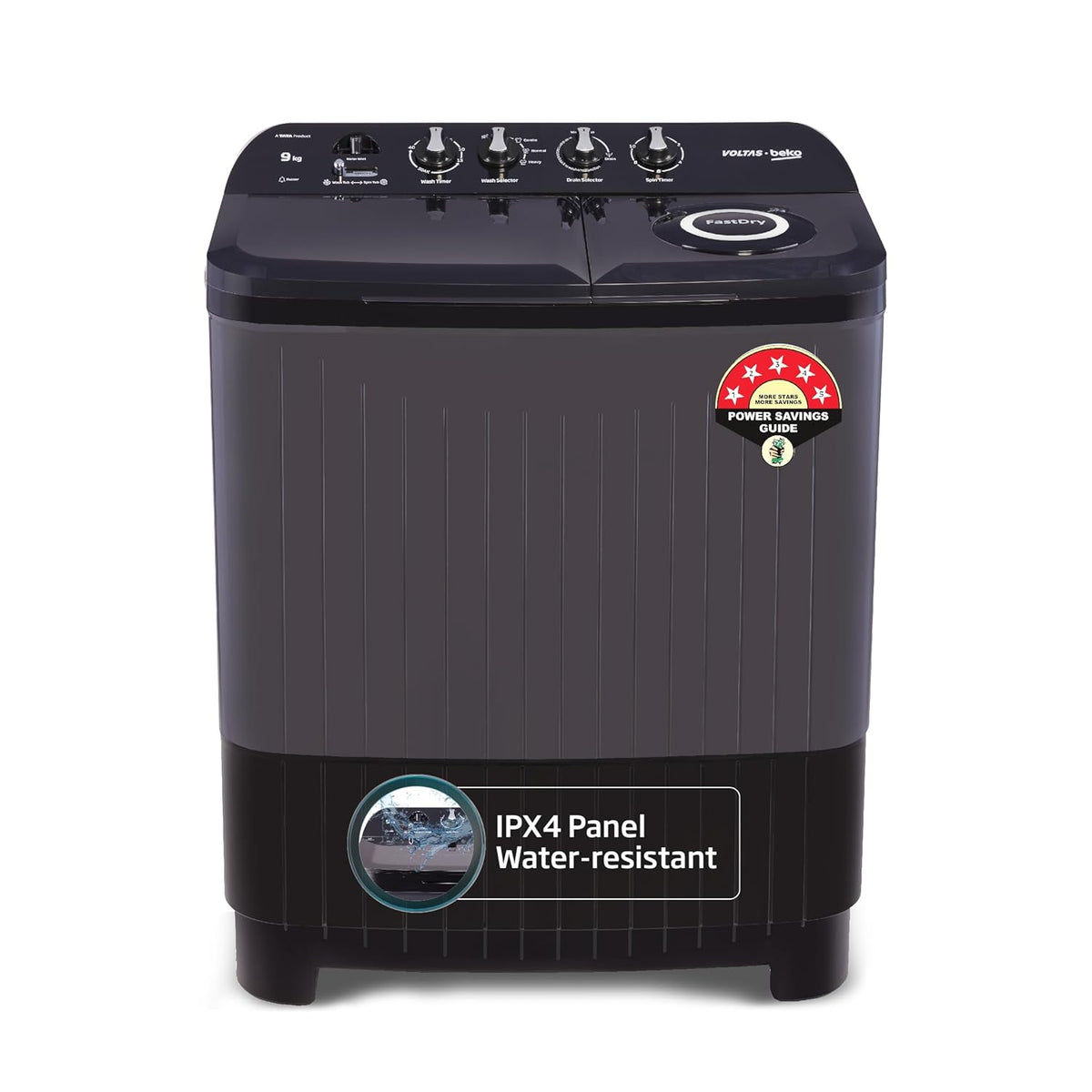 Voltas Beko by A Tata Product 9 kg washing machine with Soft Closing door, Water proof IPX4 protection, Special Pulsator and Double Waterfall Semi Automatic Top Load Black, Grey  (WTT90UDX/BKGR4KGTD)