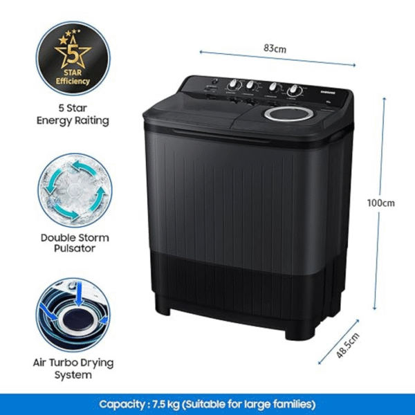 Samsung 7.5 Kg 5 Star Semi Automatic Top Load Washing Machine (WT75B3200GD/TL,DARK GRAY) - Image 2