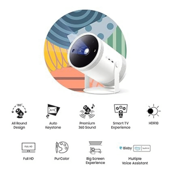 Samsung The Freestyle 100" Smart and Compact Portable LED Projector with in-Built OTT Apps (SP-LSP3BLAXXL, HDR10, Wi-Fi, 360 Sound, 180 Degree Projection Angle, Auto Focus & Auto Key Stone, White) - Image 2