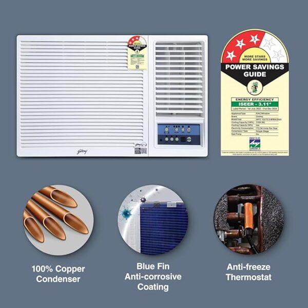 Godrej 1 Ton 3 Star, Turbo Mode Window AC (Copper, Anti-Dust Filter, Anti-Freeze Thermostat, AC 1T WFC 12UTC3 WWA Window 3S, White) - Image 5