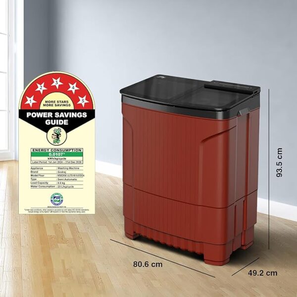 Godrej 8 Kg 5 Star With 460 PowerMax Wash Motor Semi-Automatic Top Load Boderless Design Washing Machine Appliance (WSEDGE ULT 80 5.0 DB2M CSRD, Crystal Red, With Toughened Glass Lid) - Image 7