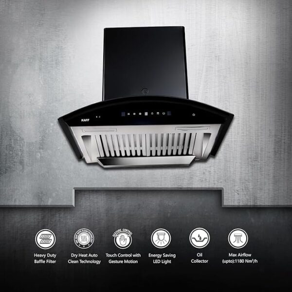 KAFF 60 CM Auto Clean Curved Glass Kitchen Chimney, 1180 m3/hr Suction Capacity with Motion Sensor, Touch Control, Heavy Duty SS Baffle Filter, Black Glass Front Panel (PRIMA TX DHC 60, Black) - Image 6
