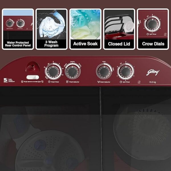 Godrej 10.5 Kg 5 Star Semi-Automatic Top Load Washing Machine With Toughened Glass Lid(WSEDGE JAZZ 105 5.0 DB3 M CSRD, Stainless Steel Drum, Drying at 1440 RPM Speed, Crystal Red) - Image 7