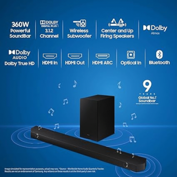 Samsung Q-Symphony Soundbar (HW-Q600C/XL), USB, Bluetooth with 3.1.2 Channel, Wireless Subwoofer, and 2 Up-Firing Speakers, Dolby Atmos Music (Black) - Image 4