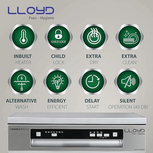 Havells-Lloyd Puro Hygiene (LDWF14PSB1IC, 14 Place Settings, 99% Germs Free with Sparkle Clean Technology, Auto Clean,Infinity Drawer, Super Silent, Silver) - Image 4