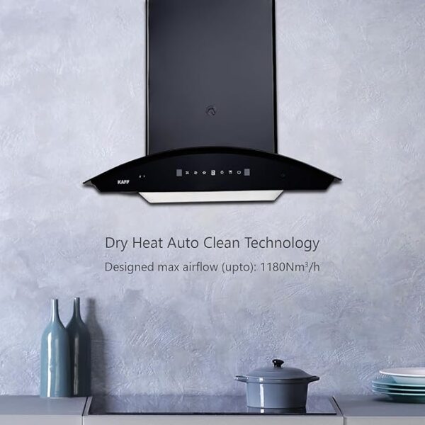 KAFF 60 CM Filter-less Auto Clean Curved Glass Kitchen Chimney, 1180 m3/hr Suction Capacity with Motion Sensor, Touch Control, Black Glass Front Panel (ROVER DHC 60, Black) - Image 4